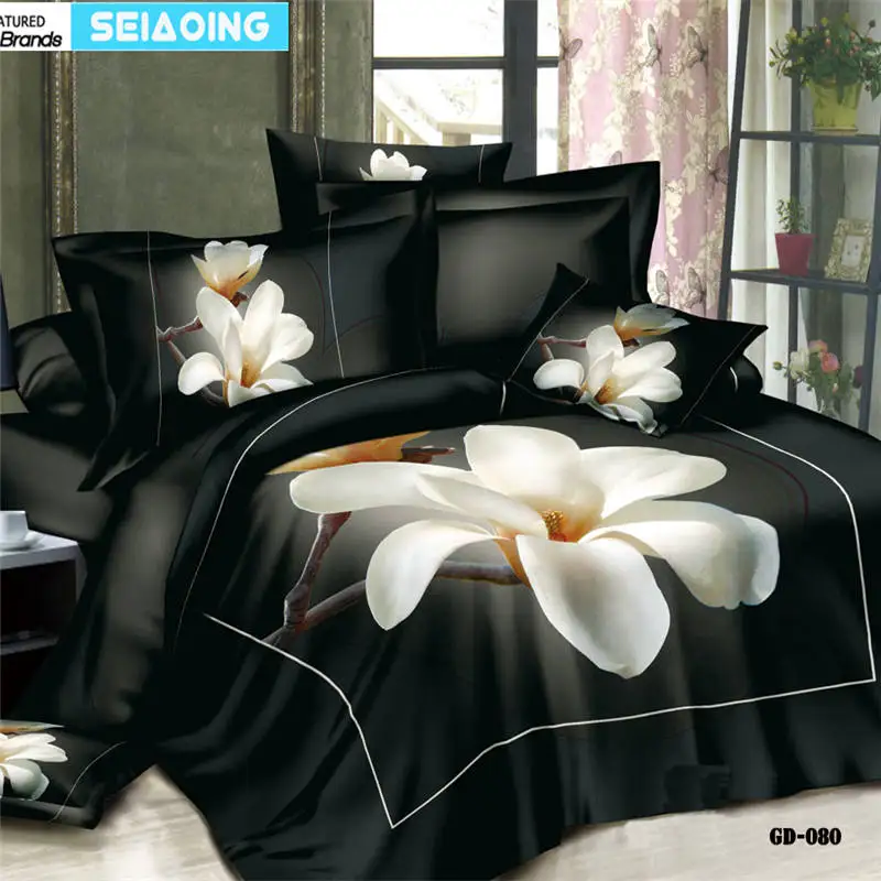 Роскошное черное одеяло, покрывало, белый цветочный принт, постельное белье, 3d домашний текстиль, для девочек, королева, Комплект постельного белья королевского размера, высокое качество, хлопок
