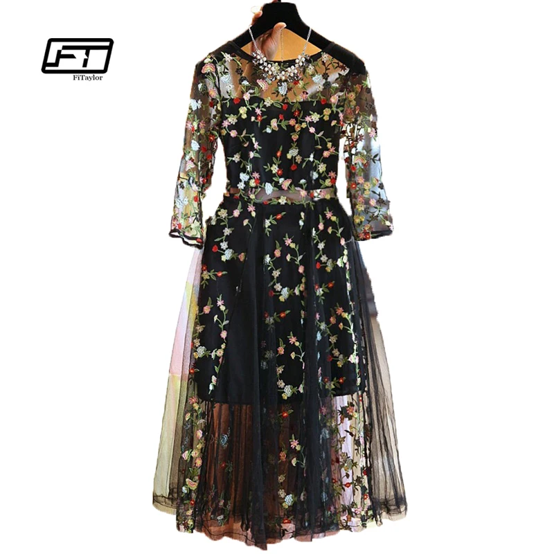 

Fitaylor Summer Women Dress Elegant Lace Floral Embroidery Black Vintage Dresses Evening Party Vestidos Plus Size 4XL