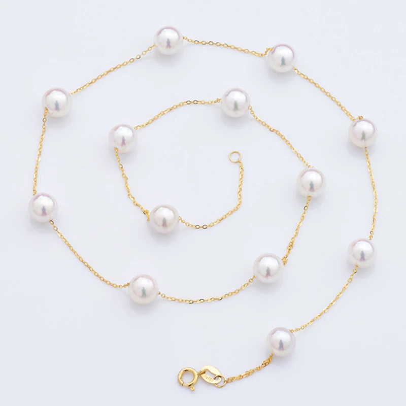 

18k AU750 Gold necklace freshwater pearls on chain necklace for women girls Mum lover high luster pearls diameter optional