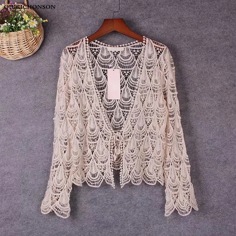 Tie Front Cardigan Summer Hollow Out Phoenix Flower Crochet Lace Cardigan Women Bohemian Crop Tops Ladies Lace Blouses femme parent child flowers straw fisherman hat summer handmade crochet flower lace streamer papyrus shade handmade straw hat kid cap