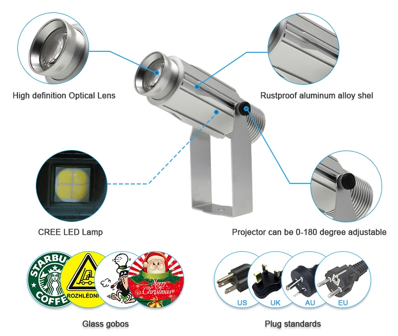 Открытый IP65 серебро 20 Вт светодиодный проектор свет 1800lm логотип изображения статические 20 Вт светодиодный Гобо проектор Рождество Ночные