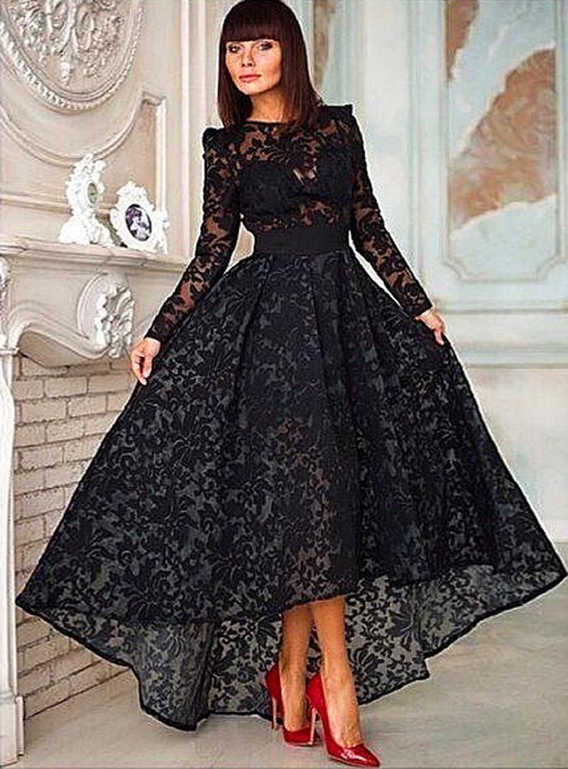 New-Little-black-dress-elegant-lines-Prom-Crew-Neck-Long-Sleeve-Lace ...