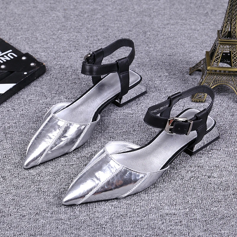 

Women's shoes 2019 summer new leather word buckle pointed sandals wild silver low heel sandals