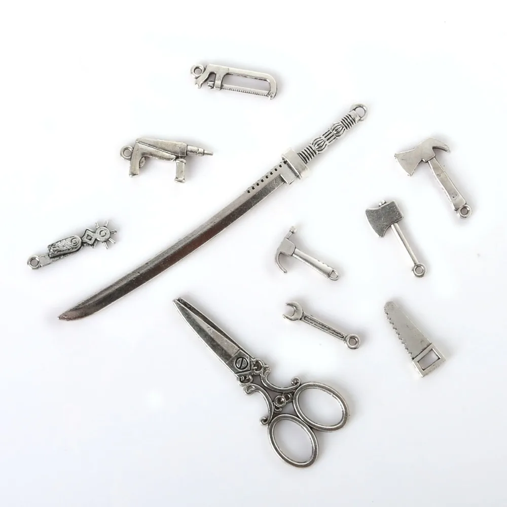 83pcs Mixed Tibetan Silver Plated Scissor Hammer Charms Pendants