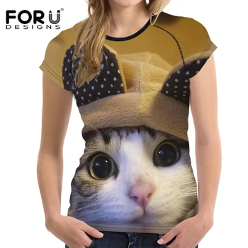 

FORUDESIGNS Basic T Shirt Women Short Sleeve Casual T-shirt 3D Cute Cat Print T Shirts Female Plus Size Top Tees Women Tshirts