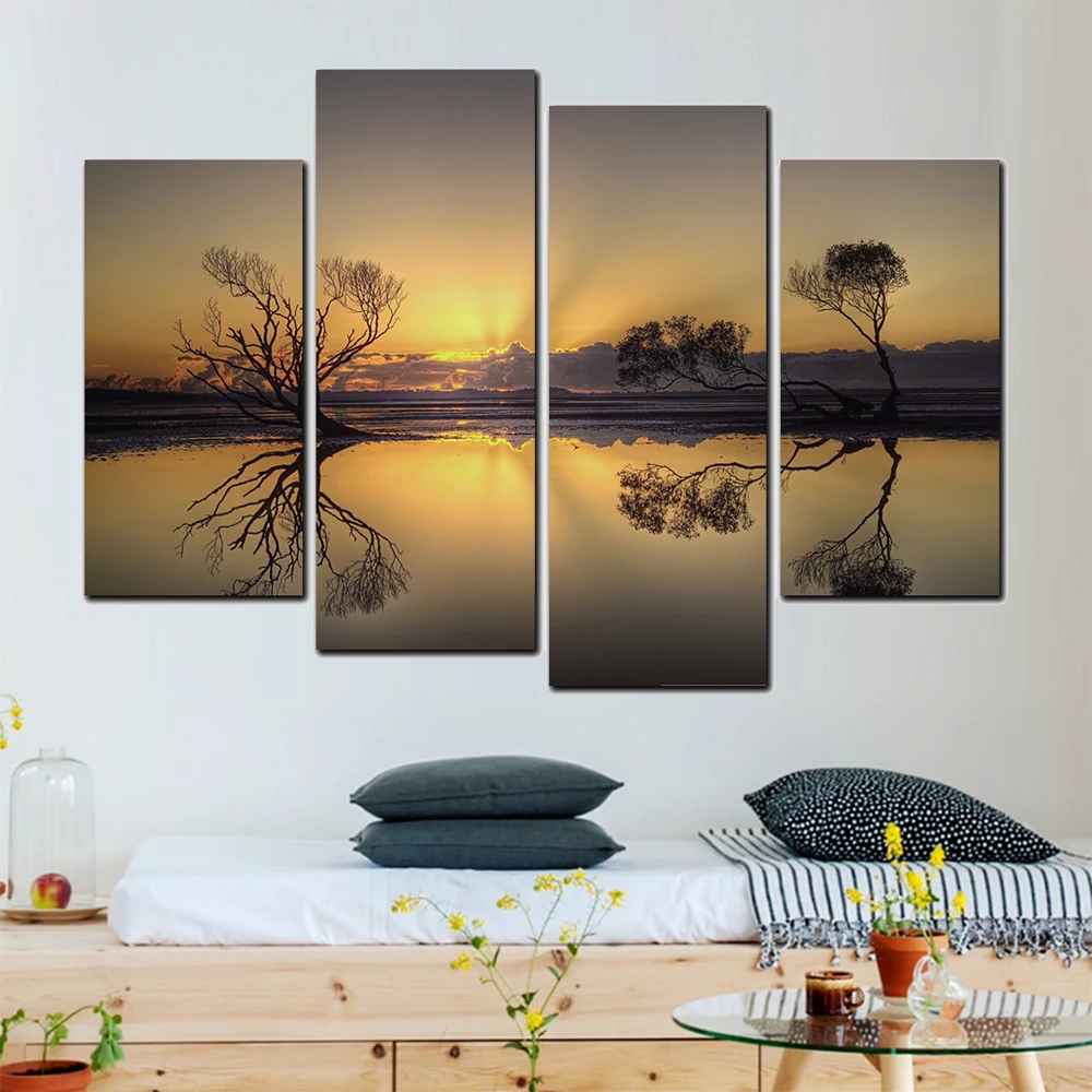 4 sets HD canvas prints Sunset seaside view unframed painting wall fine art for decor | Дом и сад