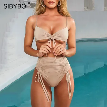 

Sibybo Strap Pleated Beachwear Two Piece Set Women V-Neck High Waist Sexy Crop Top and Brief Set Summer Women Bathing Suit