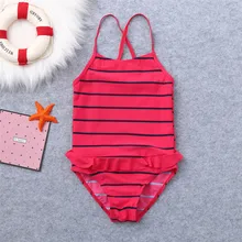 Летние От 5 до 12 лет для девочек, с оборками, в полоску, с принтом, летние купальники, сплошной купальник, комбинезон, комбинезоны, бикини, пляжная одежда Y