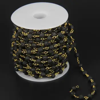 

6mm Black Lava Round Beads Chain,Rosary Plated Gold Wire Wrapped Link Beaded Chain Craft Necklace Wholesale Findings Jewelry