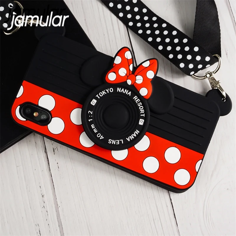 

JAMULAR Cartoon 3D Minnie Camera Phone Case For iPhone XS MAX X XR 6 6s 7 8 Plus Soft Silicone Anti Knock Back Cover Lanyard Bag