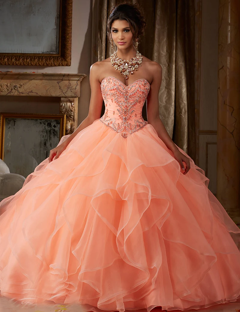 Sweet Year Coral Quinceanera Dresses With Jacket Ball Gown Organza Beaded Sequins Lace
