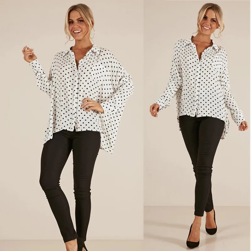 yinlinhe White Polka Dot Blouse Women Long Sleeve Button Casual Loose Summer Shirts Irregular Elegant Ladies Clothes  4