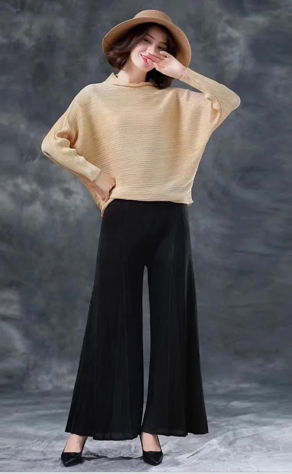 Miyake fold свободная Модная уникальная Дизайнерская футболка с рукавом летучая мышь с длинным рукавом и воротником-стойкой чистый цвет