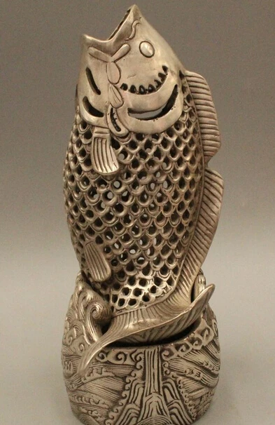 

8" Marked Chinese Dynasty Palace Tibet Silver Fish Barracuda Incense Burner Cens R0715