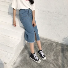 Высокая талия ed джинсовая юбка женская упаковка бедра Saia джинсы Feminino небольшой Сплит до середины икры длинная высокая талия Половина юбка