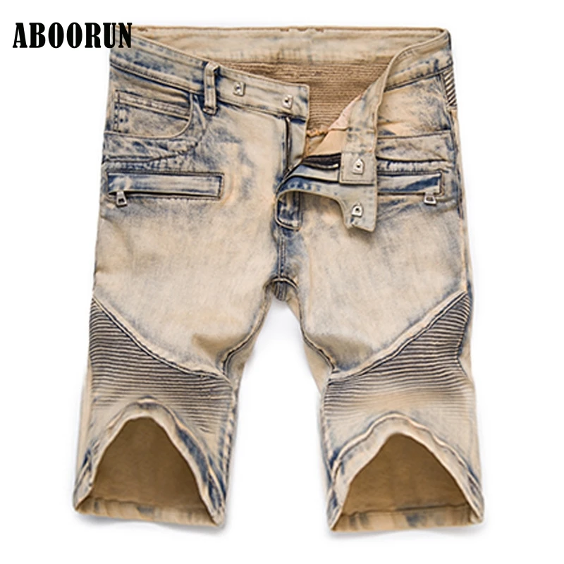 ABOORUN 2017 High Quality Mens Khaki Denim Biker Shorts Hip Hop Men Washed Pleated Jeans Shorts