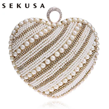 

SEKUSA Wedding Beadeding Evening Bag Rhinestones Chain Shoulder Handbags Heart Girl's Day Clutch Purse For Christmas Gift