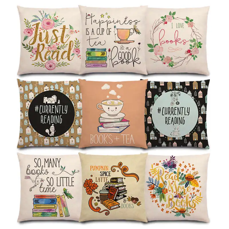 

Happy Days Good Time Tea Reading Books Beautiful Life Gorgeous Words Decorative Letters Good Cushion Cover Sofa Pillow Case