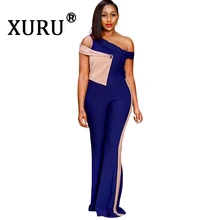XURU summer new women's hot sale jumpsuit sexy fashion contrast color mosaic jumpsuit shoulder horn jumpsuit XURU summer new women's hot sale jumpsuit sexy fashion contrast color mosaic jumpsuit shoulder horn jumpsuit