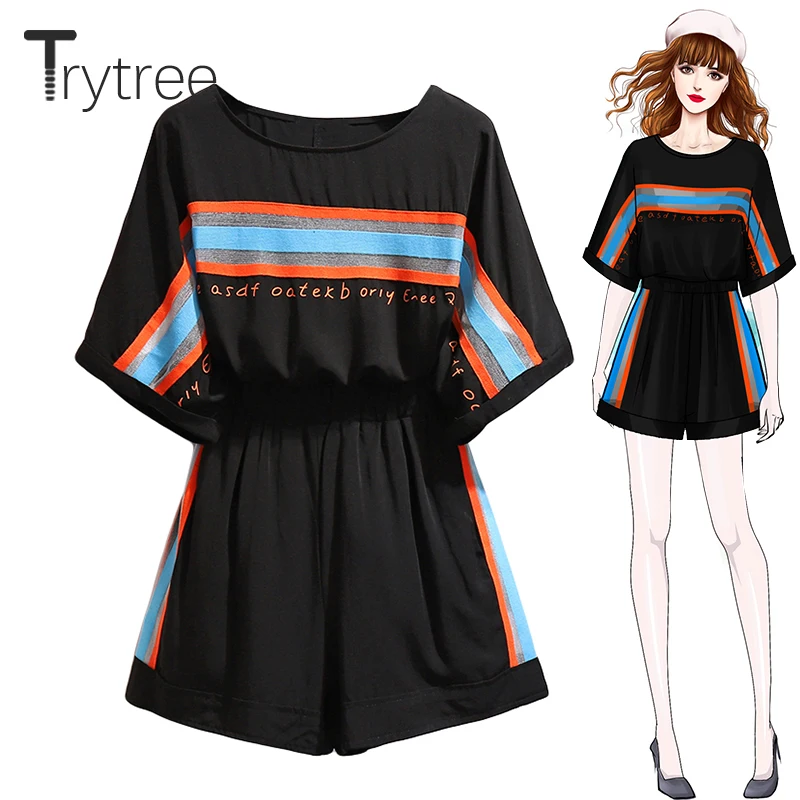 

Trytree Summer Women Two piece set Casual O-neck Striped Print Tops + Shorts Drawstring Elastic Waist Wide Leg Suit 2 Piece Set