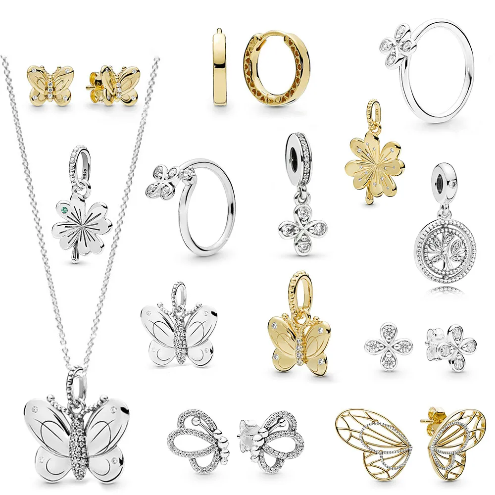 

Pandoras 100% 925 Sterling Silver New 2019 Early Spring Butterfly Four Petal Flowers Four-leaf Clover Ring Stud Earring Necklace
