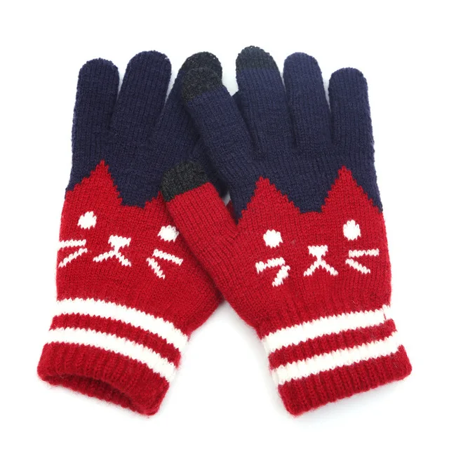 Cute Kitty Five Fingers Women's Knitting Touch Screen Gloves Jacquard Touch Screen Fingers Fashion Warm Gloves B46 - Color: Red