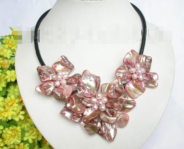 

bloom pink pearl seashell choker leather necklace j7462 ^^^@^Noble style Natural Fine jewe FREE SHIPPING