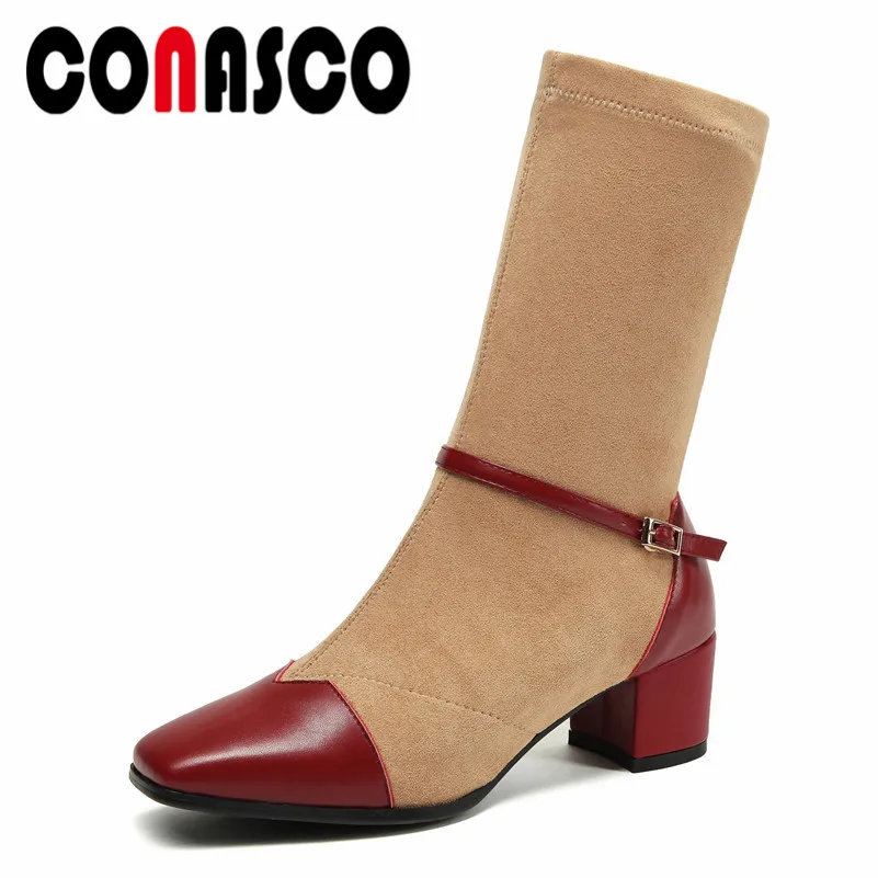 

CONASCO Brand New Women Mid-calf Socks Boots Square Heels Autumn Winter Long Martin Shoes WomanFashion Buckles Party High Boots