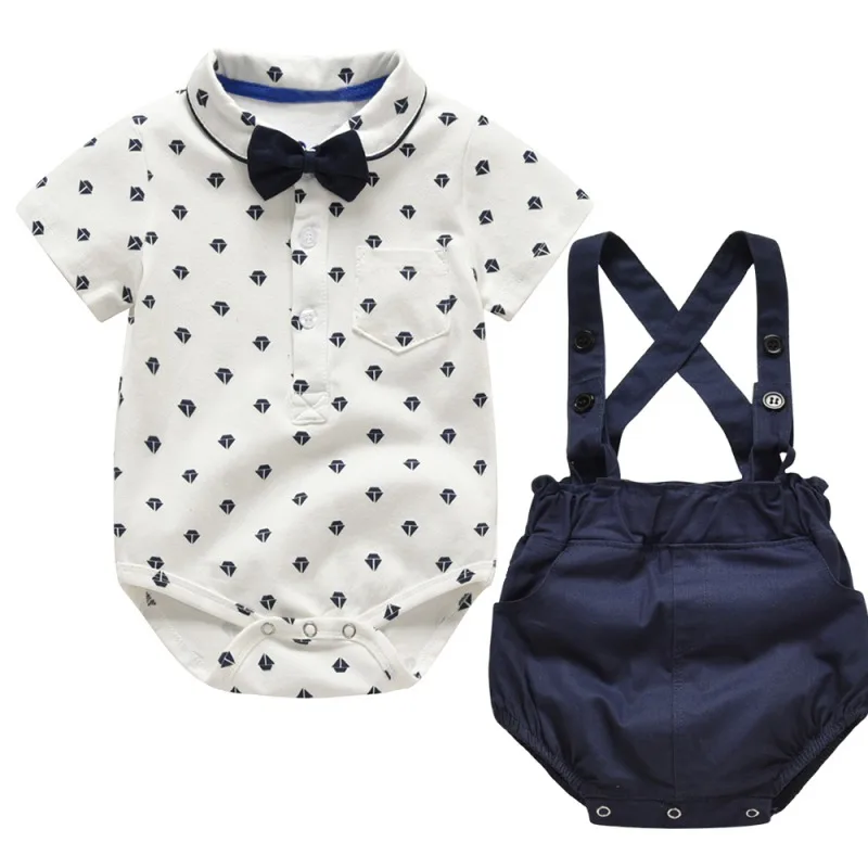 Комплект одежды для маленьких мальчиков, г. Новые летние комбинезоны для маленьких мальчиков, рубашка с галстуком+ комбинезон, штаны комплекты одежды из 2 предметов джентльменский костюм - Цвет: Тёмно-синий