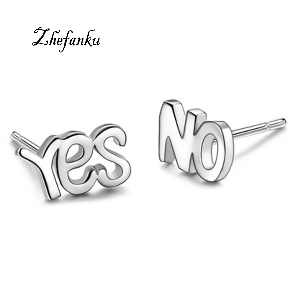 

New Fashion Cute Silver Plated YES or NO Letter Stud Earrings For Women Asymmetry Piercing Earrings Jewelry Accessories