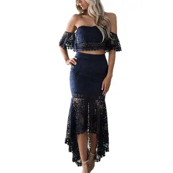 

Women Summer Sexy Lace Two Piece Set Off Shoulder Ruffled Top Top And Long Skirt Women Set Party 2 Piece Set Women Outfits Set