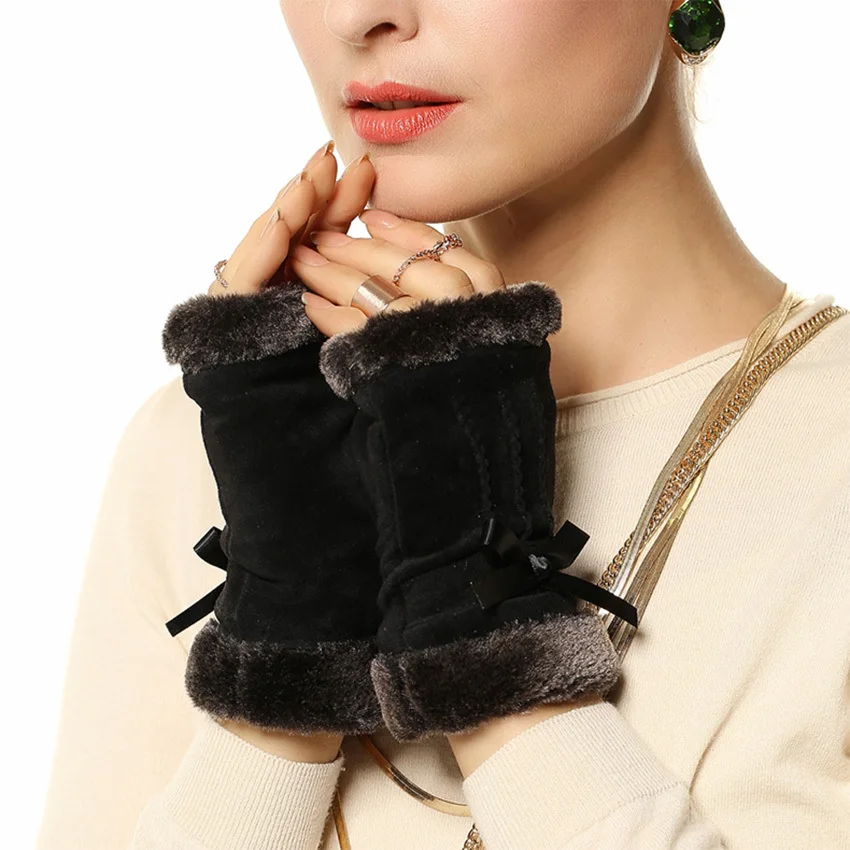 women cute fingerless gloves fashion rabbit hair wrist women Genuine leather gloves warm pig suede pigskin gloves