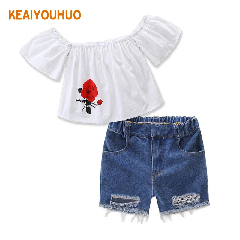 

2017 Summer Girls Floral Printed Off Shoulder Top T-shirt+Short jeans Sets fashion Girls Kids Clothes Outfit Suits For 2-7Y