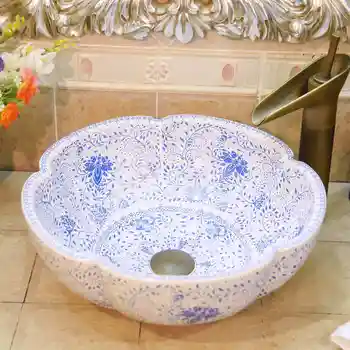 

Europe Vintage Style flower shaped ceramics vanity basin Art Countertop sinks blue and white ceramic wash basin bathroom sink