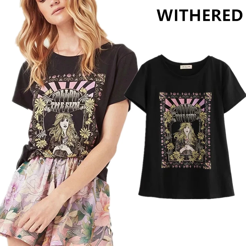 

Withered high street o-neck Angel Printing pure cotton black rock t shirt women harajuku tshirt camisetas verano mujer 2019