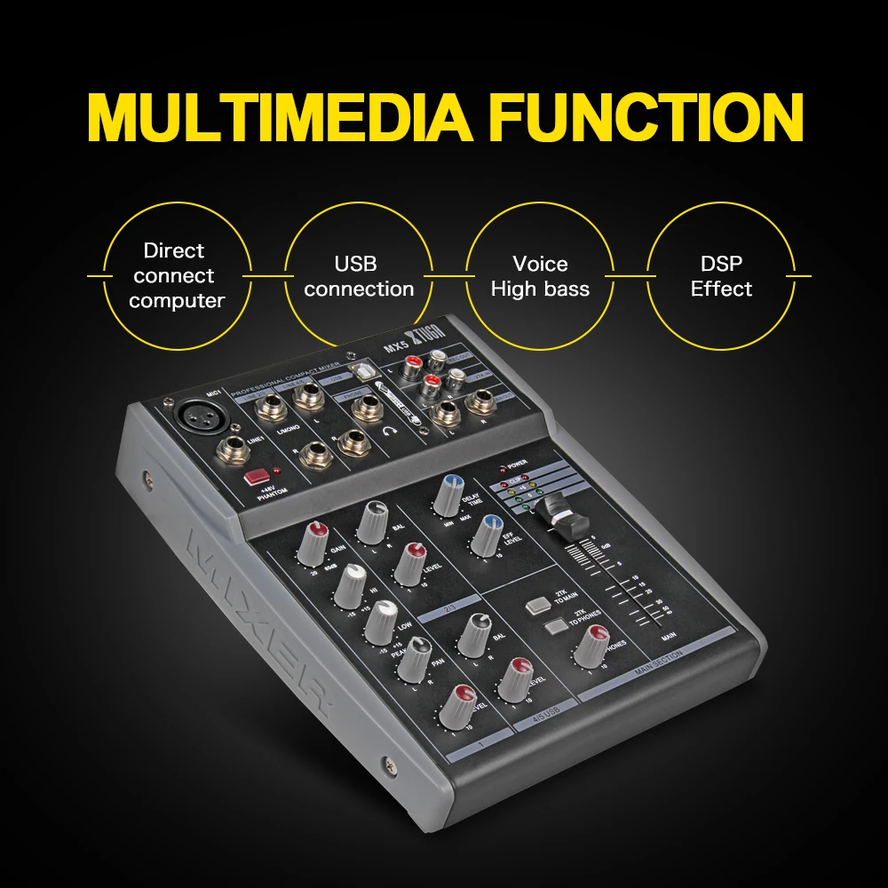 XTUGA MX5 5Channels 3-Band EQ Audio Music Mixer