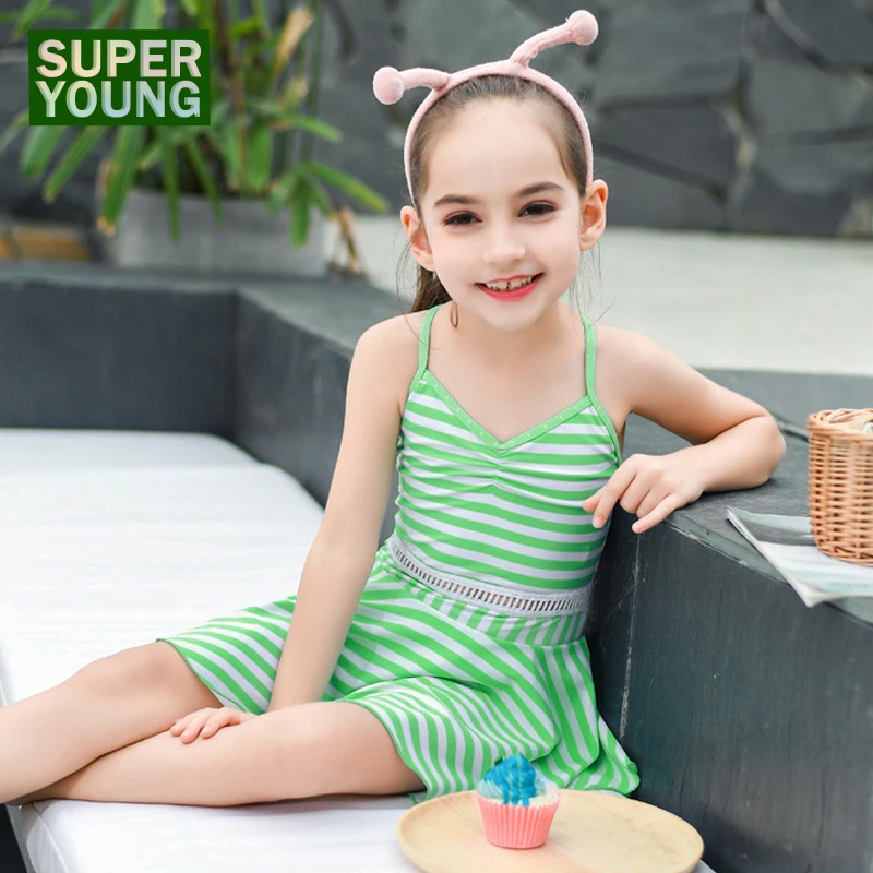 Kids Swim Dress Summer Baby Girls Striped Bikinis Set Swimsuit Surf Swimwear Children Biquini Beach Wear Bathing Suit Sportswear | Спорт и