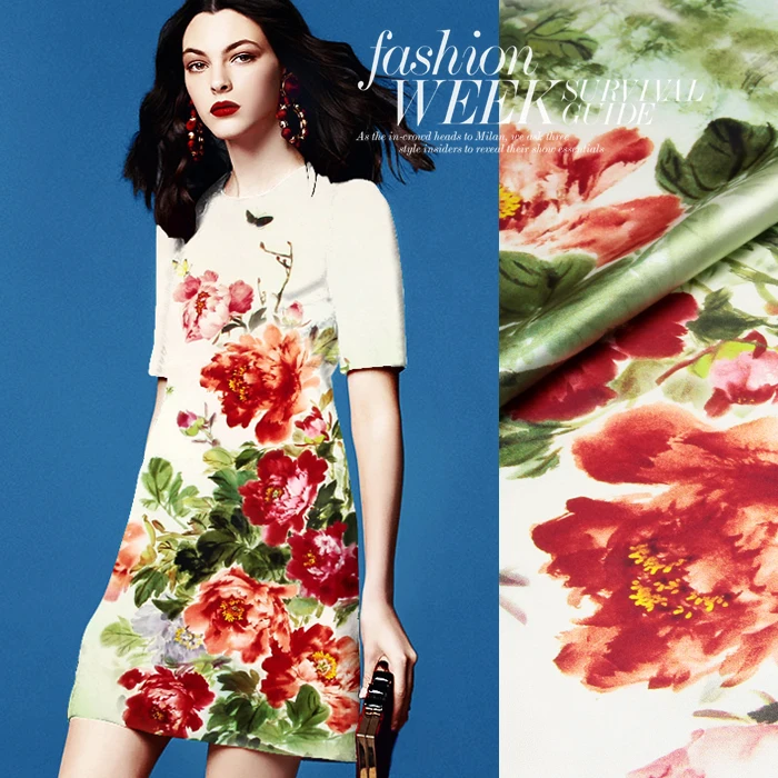 

118*118cm 19mm 93% silk & 7% spandex big red flower and green leaves print silk satin fabric for dress shirt clothes