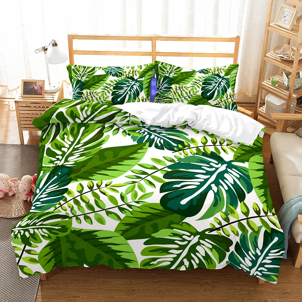 

3D Print Duvet Cover Bedding Set Tropical Plants Green Bed Linen Set with Pillowcase Lifelike Bedclothes Twin Full Queen Bed Set