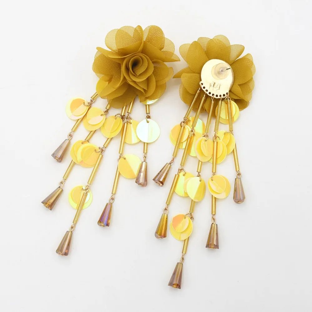 Elegant 6 Colors New Fashion Trendy Drop Earrings Fabric Lace Flower Shaped Charms Fringed Glass Sequins Long Tassel Earrings