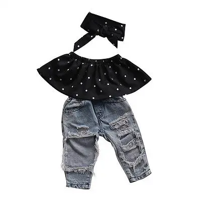 Infant Baby Girls Clothes Sets Dot Sleeveless Tops Vest Hole Denim Pants Headband 3pcs Clothing Set Baby Girl