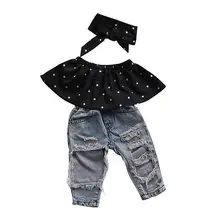 Infant Baby Girls Clothes Sets Dot Sleeveless Tops Vest Hole Denim Pants Headband 3pcs Clothing Set Infant Baby Girls Clothes Sets Dot Sleeveless Tops Vest Hole Denim Pants Headband 3pcs Clothing Set