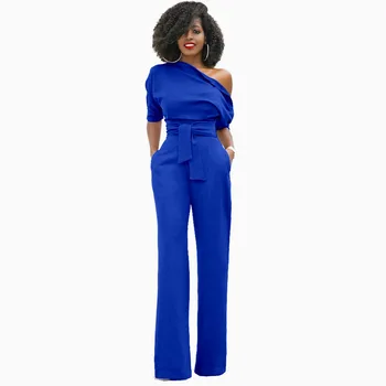

Women's Classic Solid Color Oblique Collar Button Bandage Jumpsuit Women