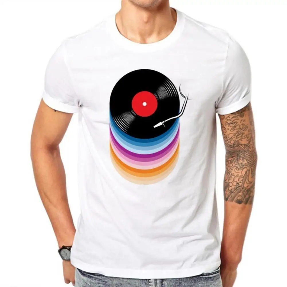 

New Casual Men Vinyl Records Print Summer T-Shirt Short Sleeve Round Neck Soft Top