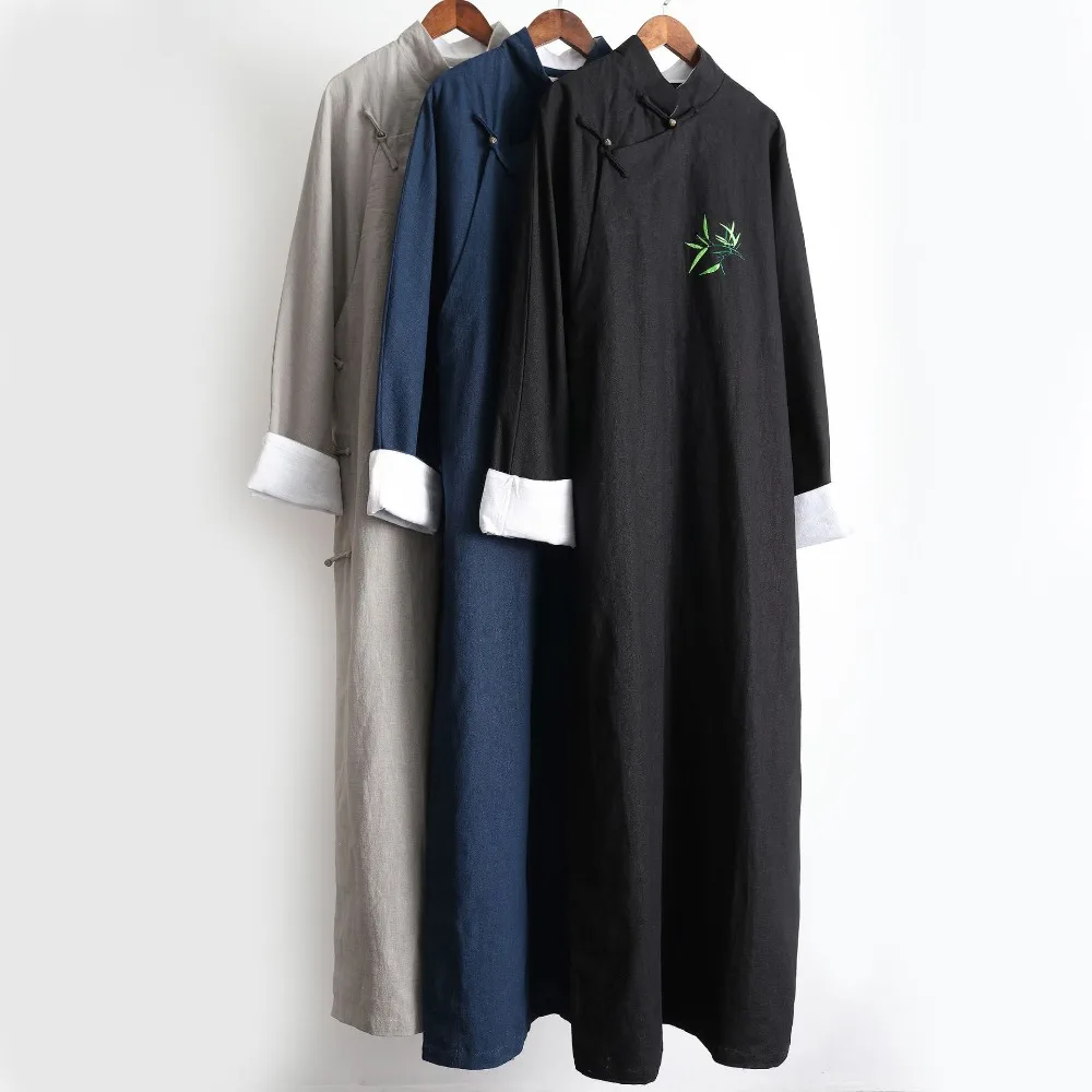 LZJN Chinese Men Classic Master Clothing X-Long Linen Trench Robe Gown Coat Two Side Slit Kung Fu Tai Chi Traditional Outfit (30)