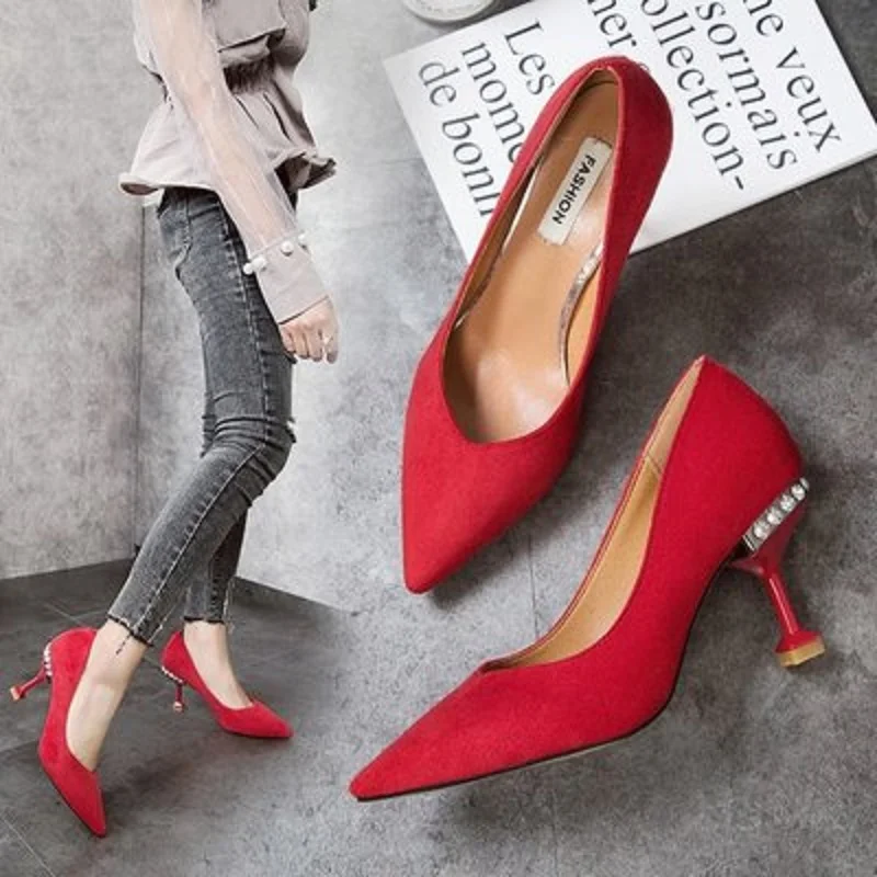 

2018 spring new pointed suede rhinestone stiletto heels red bride wedding shoes wild shallow mouth single shoes women.