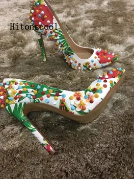 

New Luxury Women Punk Printed High Heel Rivets Pumps Pointed Toe Spikes Dress Shoes size 35-43