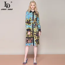 LD LINDA DELLA 2019 Spring Fashion Runway Loose Shirt Dress Women's Long Sleeve Vintage Printed Split Belted Dress LD LINDA DELLA 2019 Spring Fashion Runway Loose Shirt Dress Women's Long Sleeve Vintage Printed Split Belted Dress