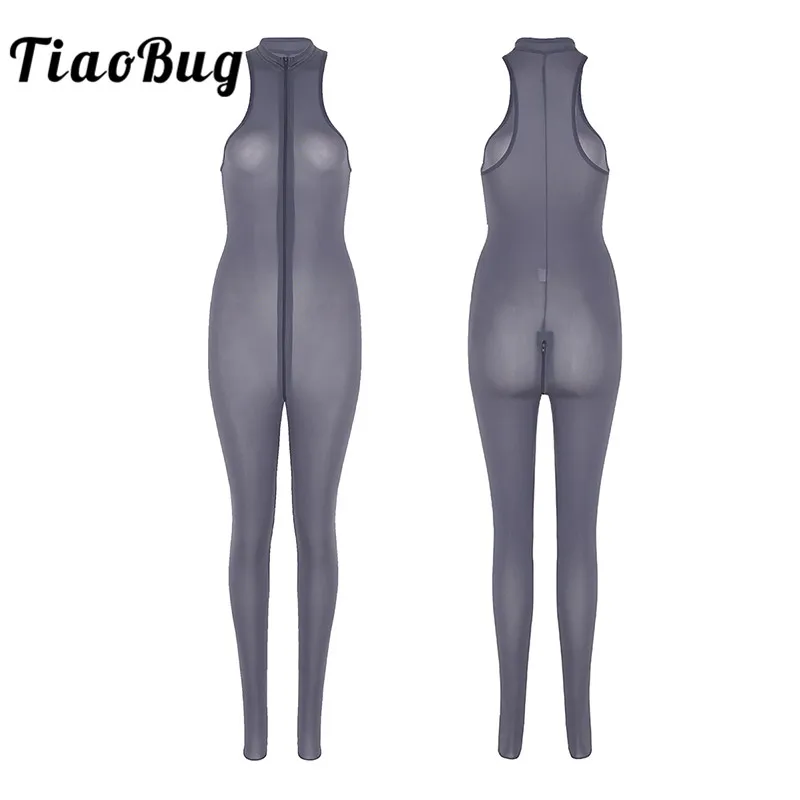 

TiaoBug Women One-piece See Through Sheer Lingerie Zipper Open Crotch Sexy Bodysuit Transparent Catsuit Sleeveless Bodystockings