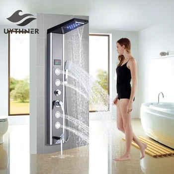 

Newly Luxury Black&Grey Bathroom Shower Faucet LED Shower Panel Column Bathtub Mixer Tap With Hand Shower Temperature Screen